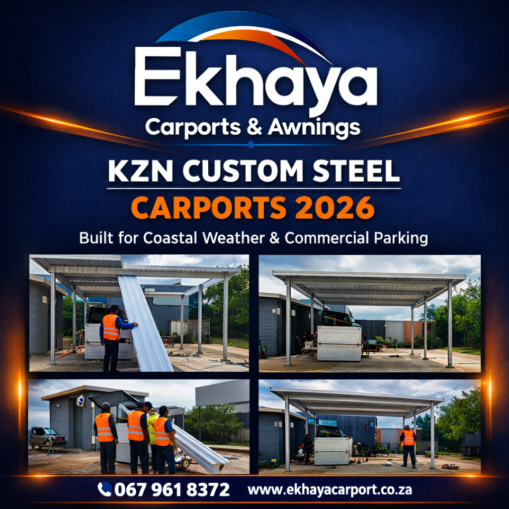 Construction workers installing and assembling modern steel carports in KwaZulu‑Natal under coastal conditions, featuring the Ekhaya Carports & Awnings logo and branding in dark navy blue and burnt orange.